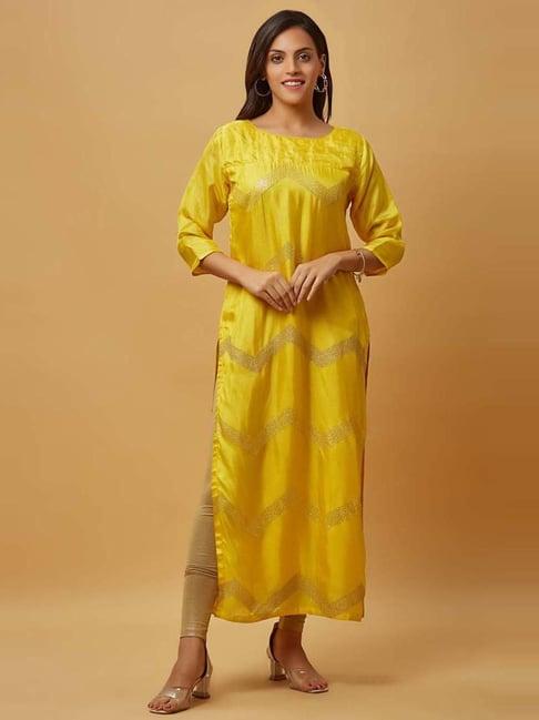 urban mystic yellow embroidered straight kurta