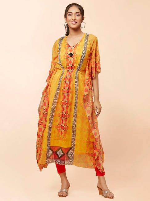 urban mystic yellow printed a line kaftan kurta