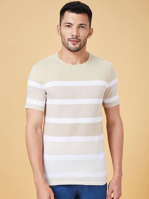 urban ranger by pantaloons beige cotton slim fit striped t-shirt