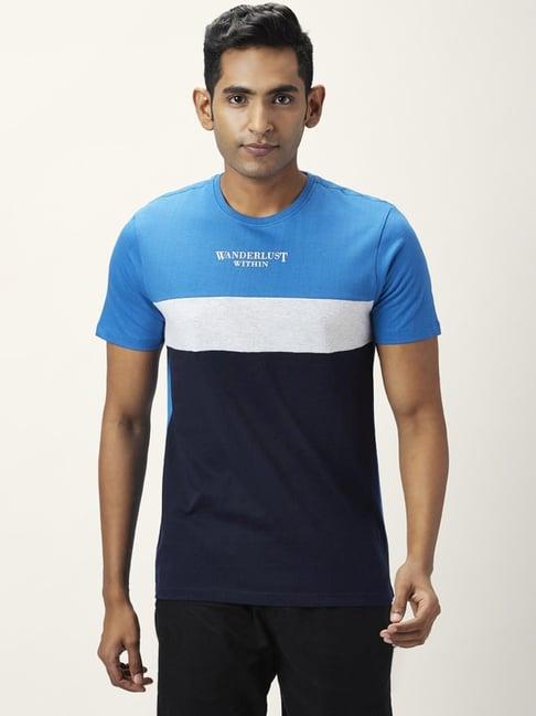 urban ranger by pantaloons blue cotton slim fit colour block t-shirt