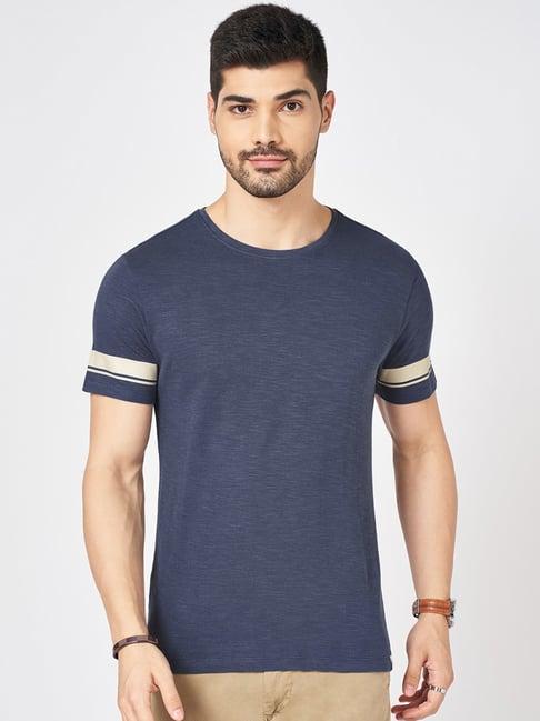 urban ranger by pantaloons blue cotton slim fit texture t-shirt