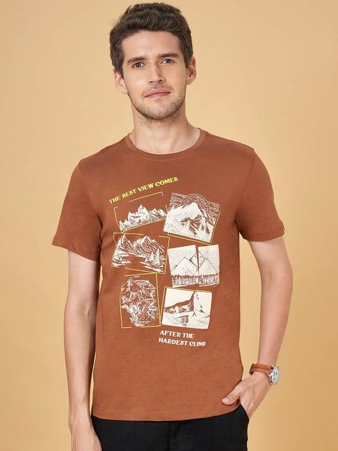 urban ranger by pantaloons brown cotton slim fit printed t-shirt