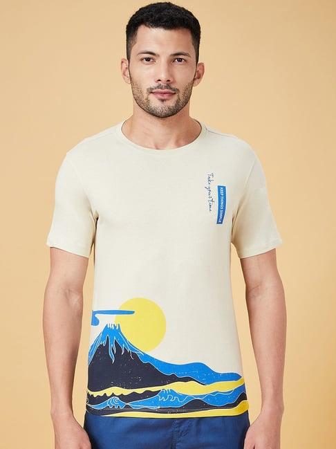 urban ranger by pantaloons cream cotton slim fit printed t-shirt
