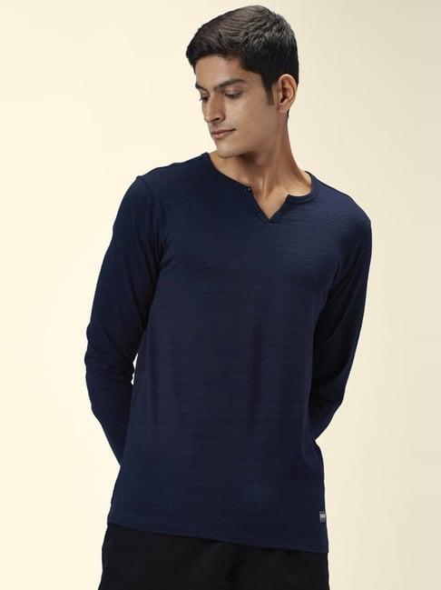 urban ranger by pantaloons dark blue slim fit texture t-shirt