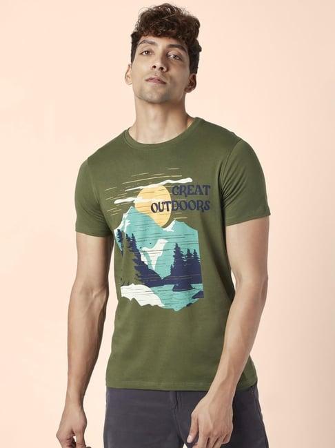 urban ranger by pantaloons green cotton slim fit printed t-shirt