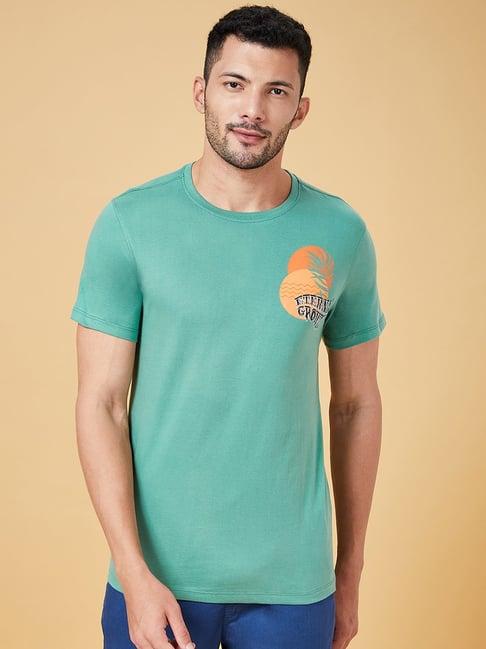 urban ranger by pantaloons green cotton slim fit printed t-shirt