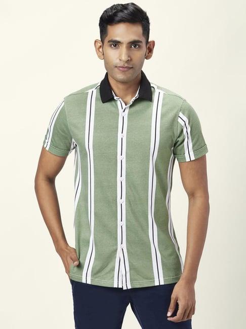 urban ranger by pantaloons green cotton slim fit striped polo t-shirt