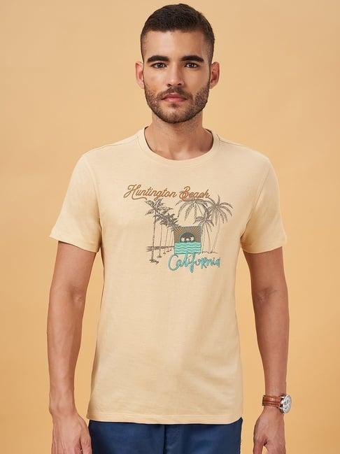 urban ranger by pantaloons light beige cotton slim fit printed t-shirt