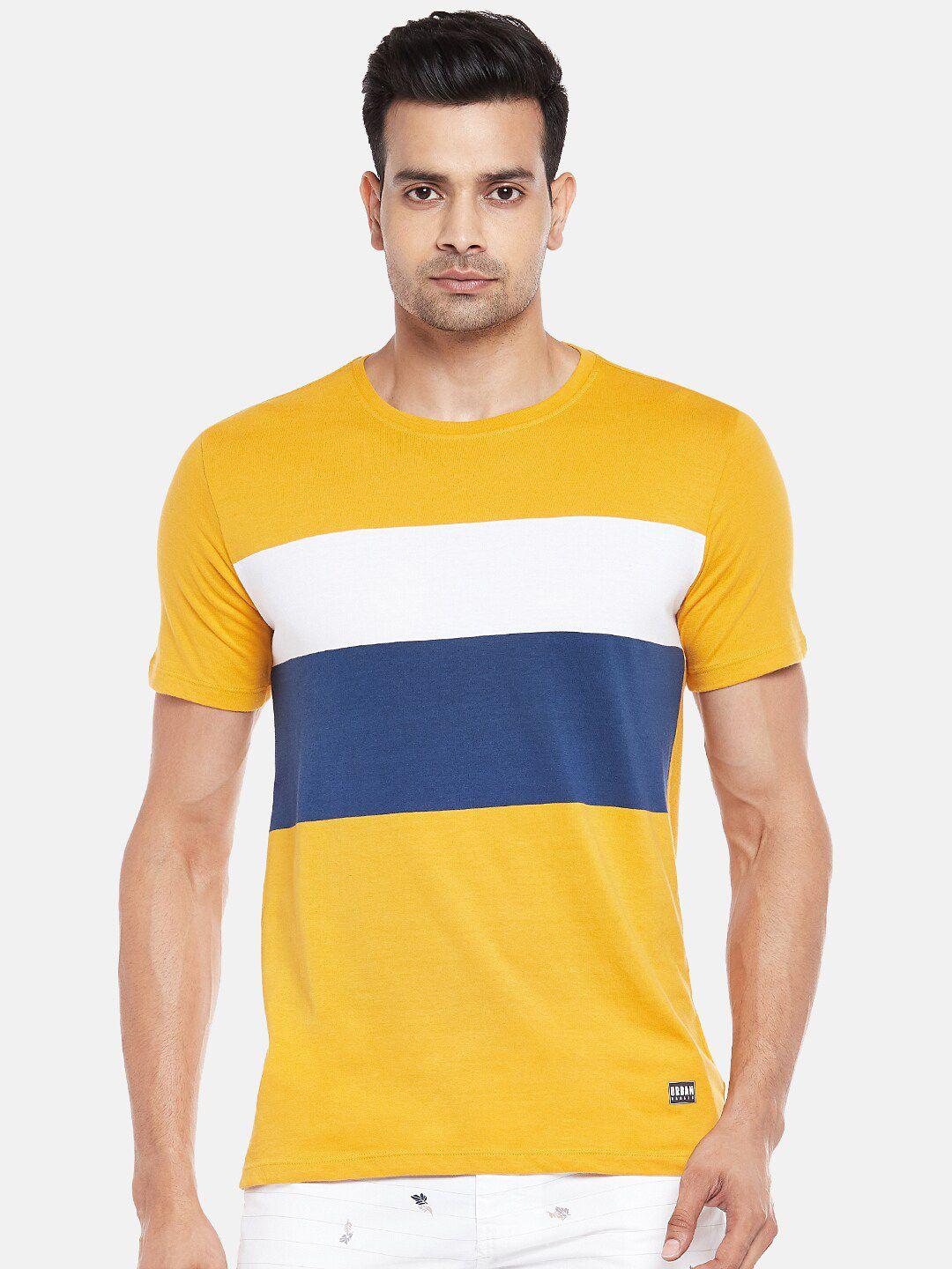 urban ranger by pantaloons men mustard yellow & blue colourblocked slim fit t-shirt