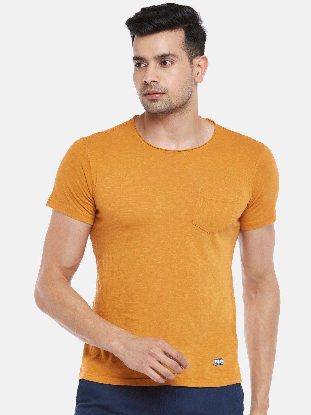 urban ranger by pantaloons men mustard yellow solid slim fit pure cotton t-shirt