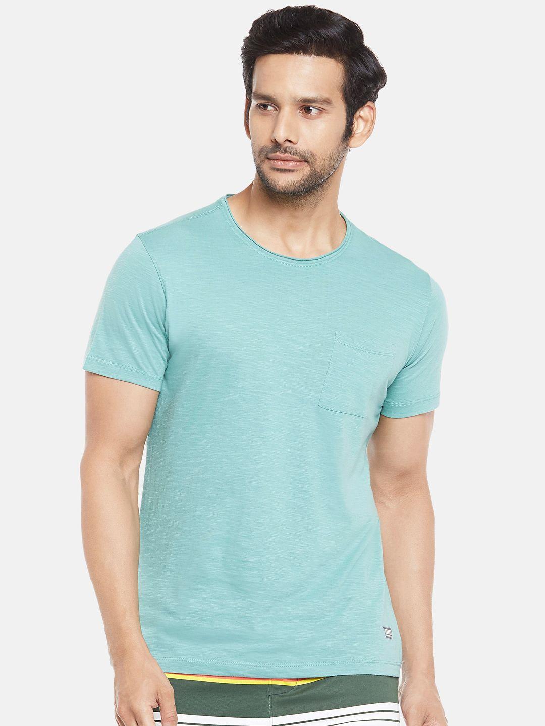 urban ranger by pantaloons men turquoise blue slim fit pure cotton t-shirt