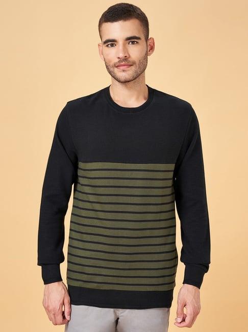 urban ranger by pantaloons olive & black cotton regular fit striped sweatshirt