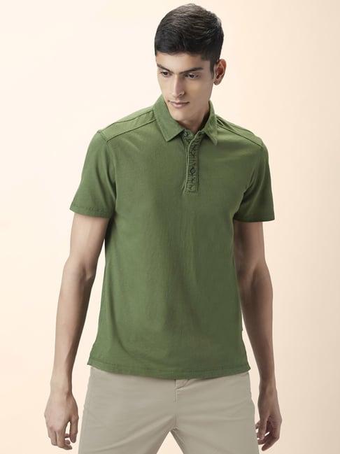 urban ranger by pantaloons olive cotton slim fit polo t-shirt