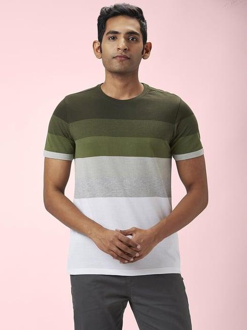 urban ranger by pantaloons olive cotton slim fit striped t-shirt