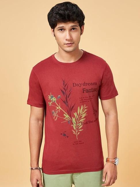 urban ranger by pantaloons rust cotton slim fit printed t-shirt