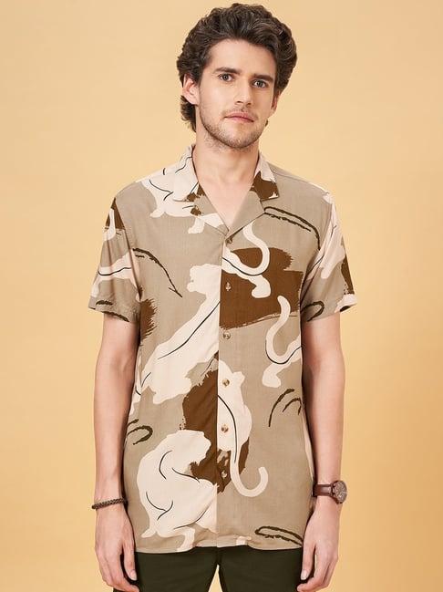 urban ranger by pantaloons sand slim fit printed shirt