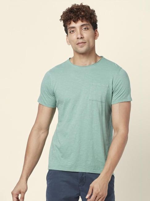 urban ranger by pantaloons sea green cotton slim fit t-shirt