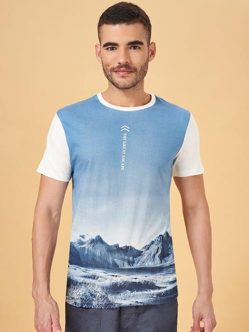 urban ranger by pantaloons white & blue cotton slim fit printed t-shirt