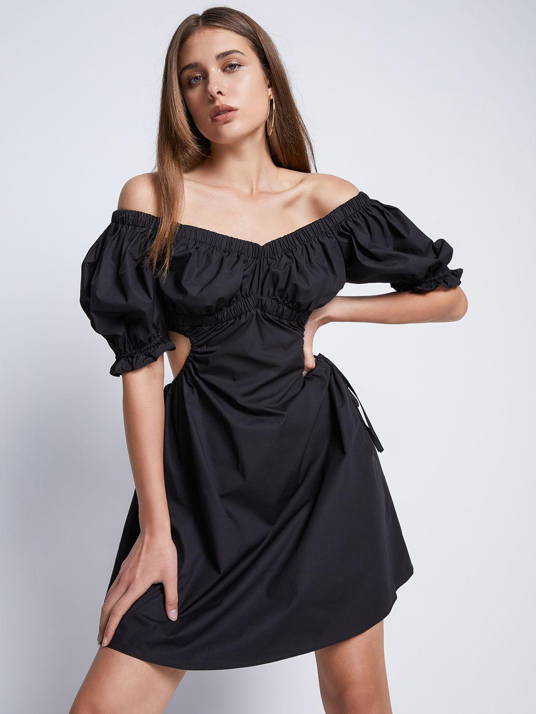 urban revivo cotton off-shoulder puff sleeve a-line dress