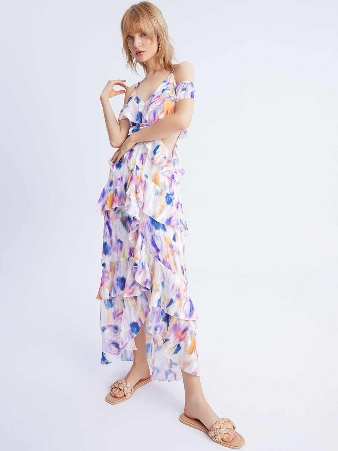 urban revivo cut-out tiered ruffle detail printed maxi dress