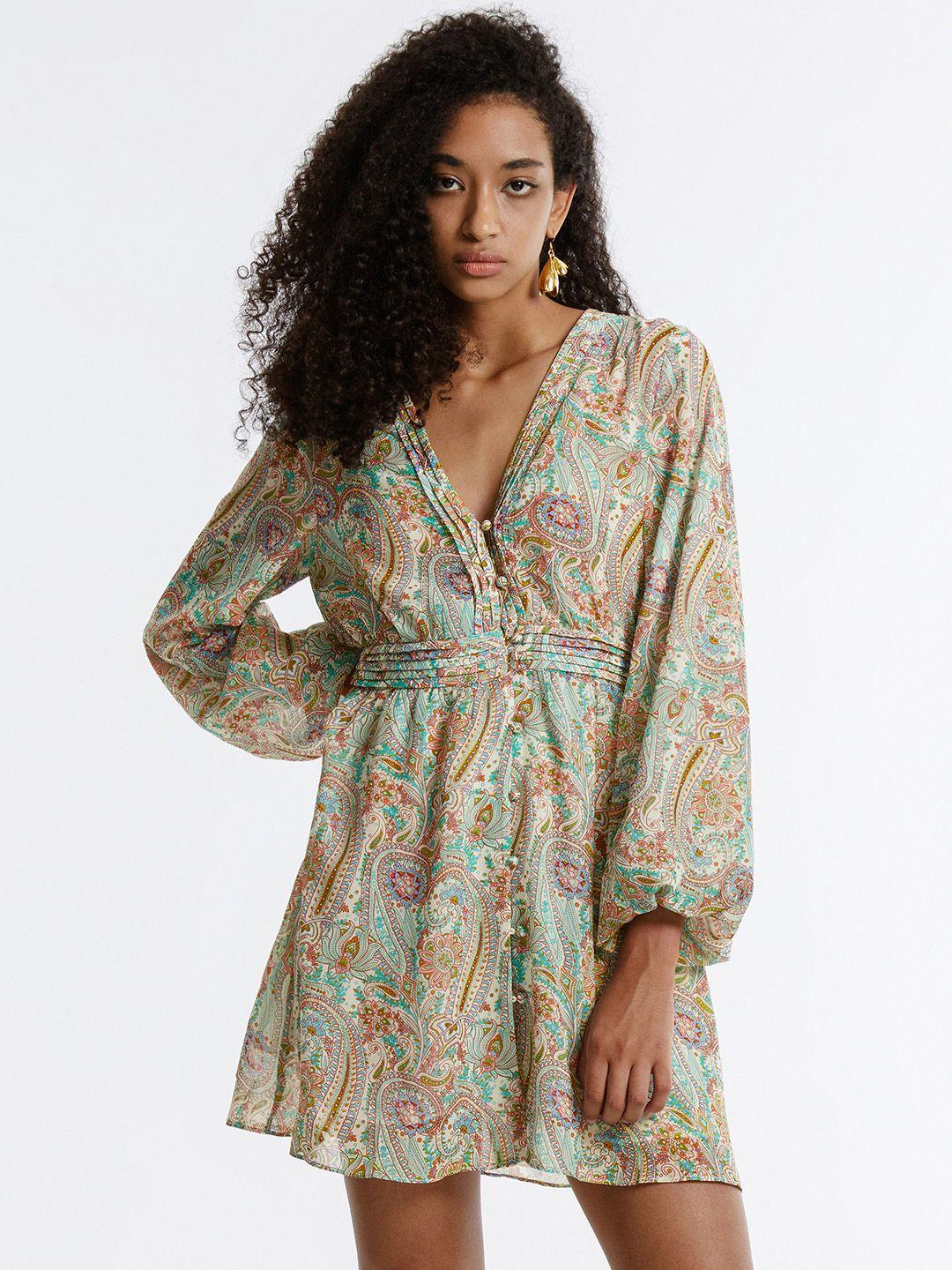 urban revivo paisley print puff sleeve a-line mini dress