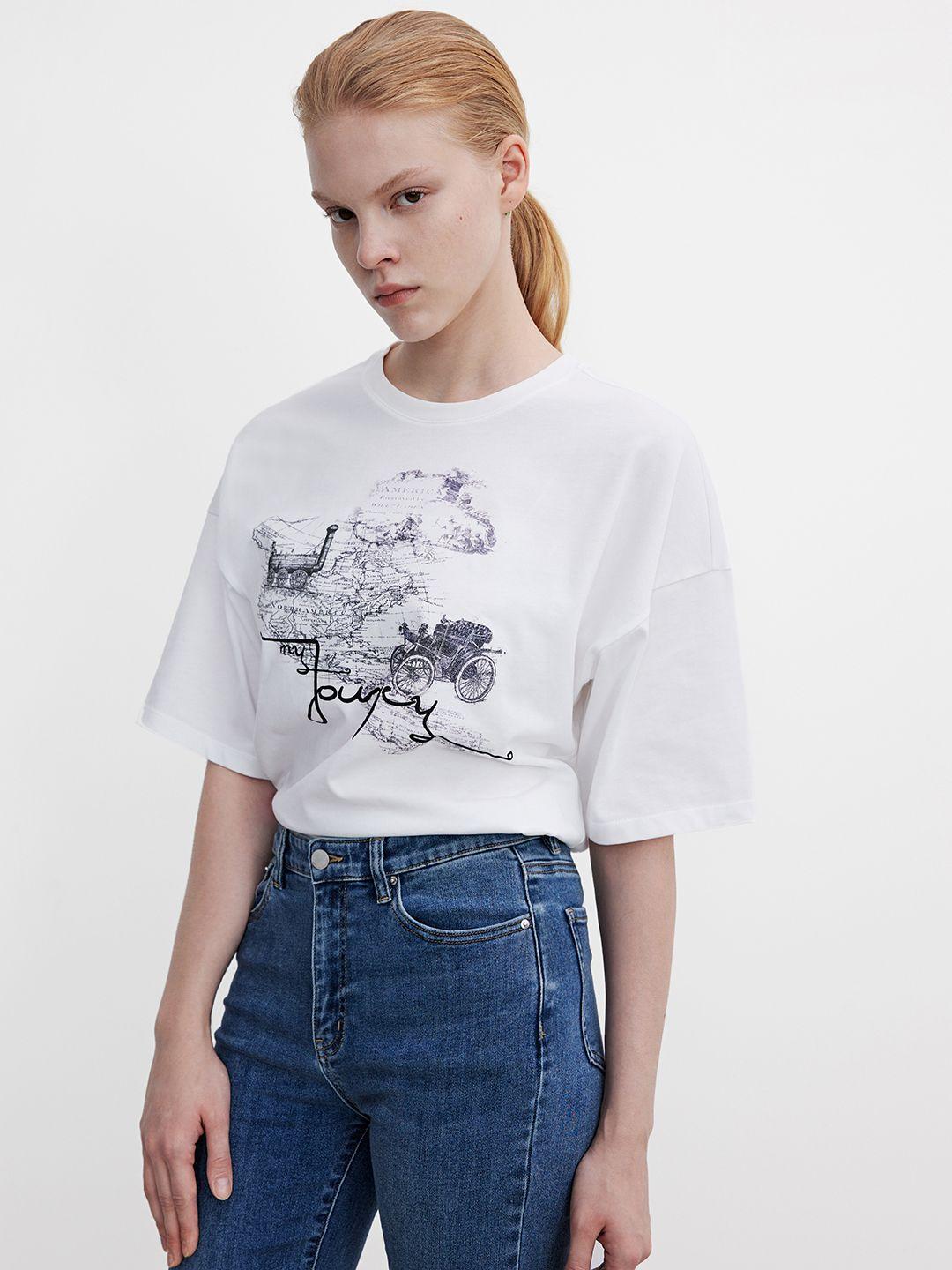 urban revivo printed drop-shoulder sleeves pure cotton oversized t-shirt