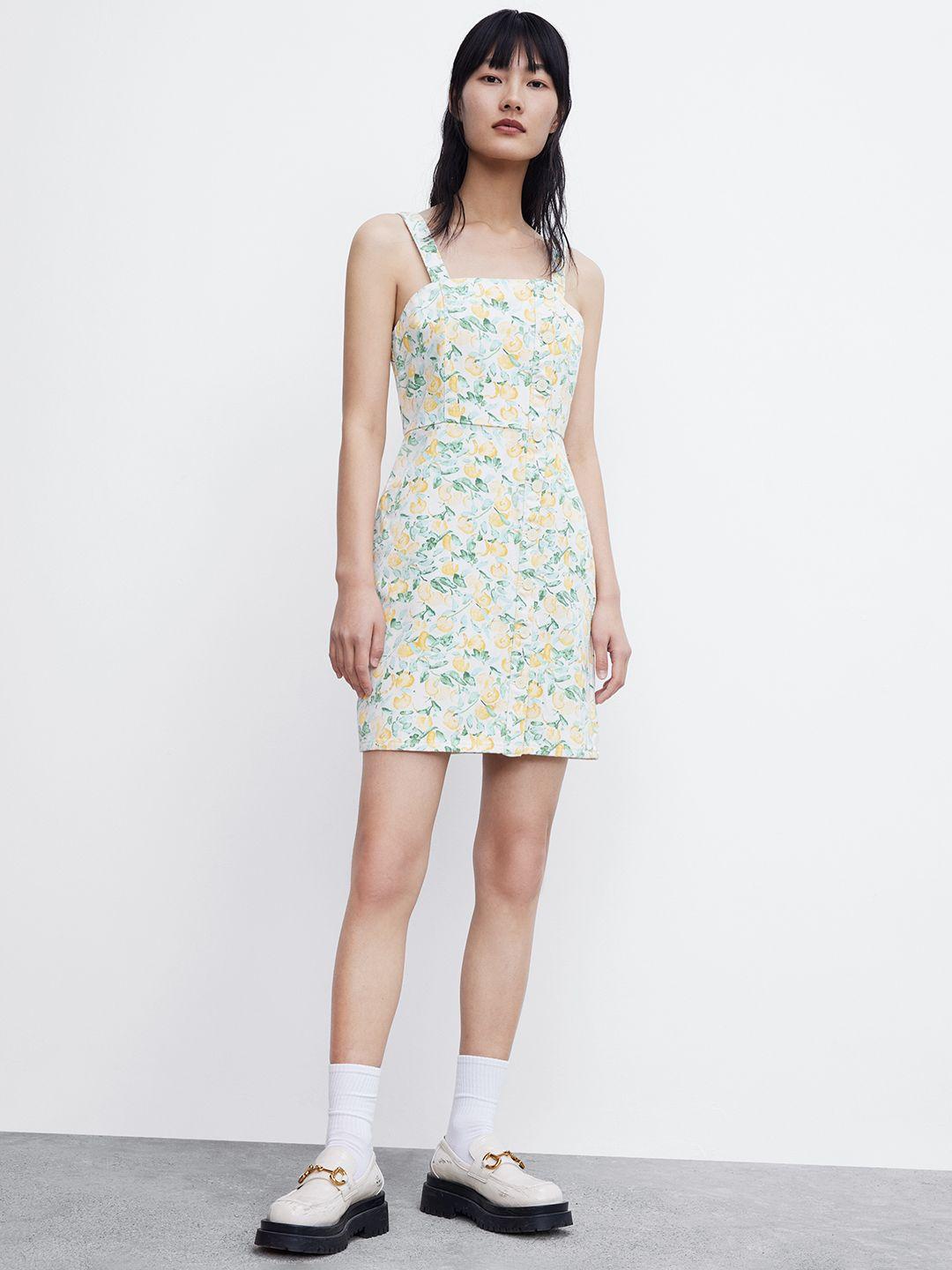 urban revivo pure cotton floral print denim a-line mini dress