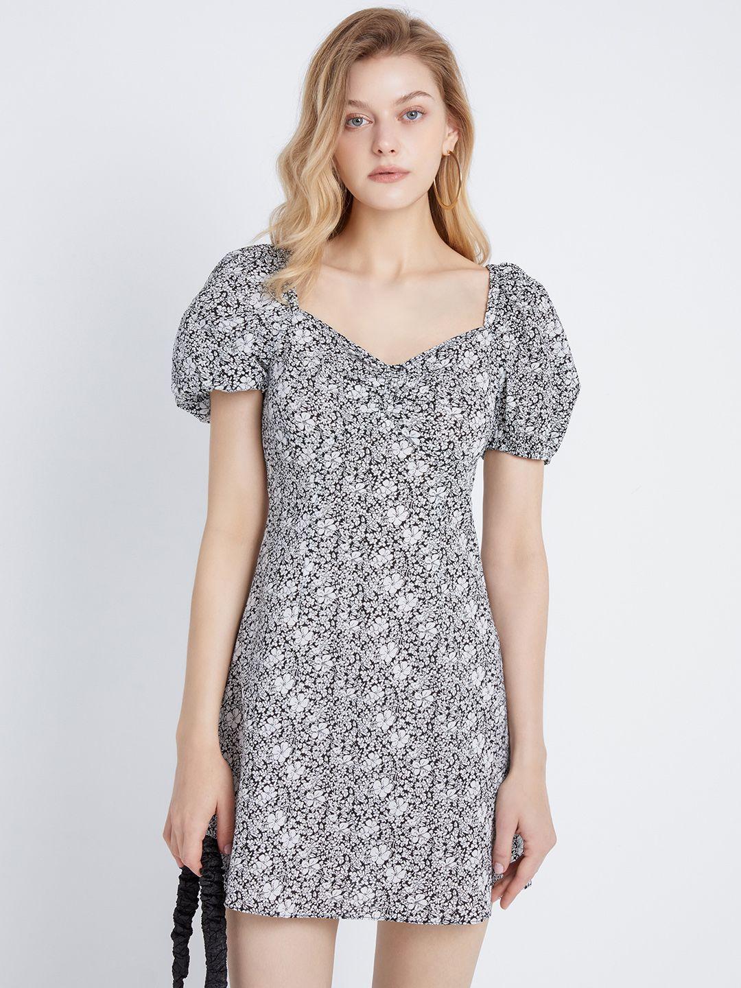 urban revivo pure cotton floral print puff sleeve a-line mini dress