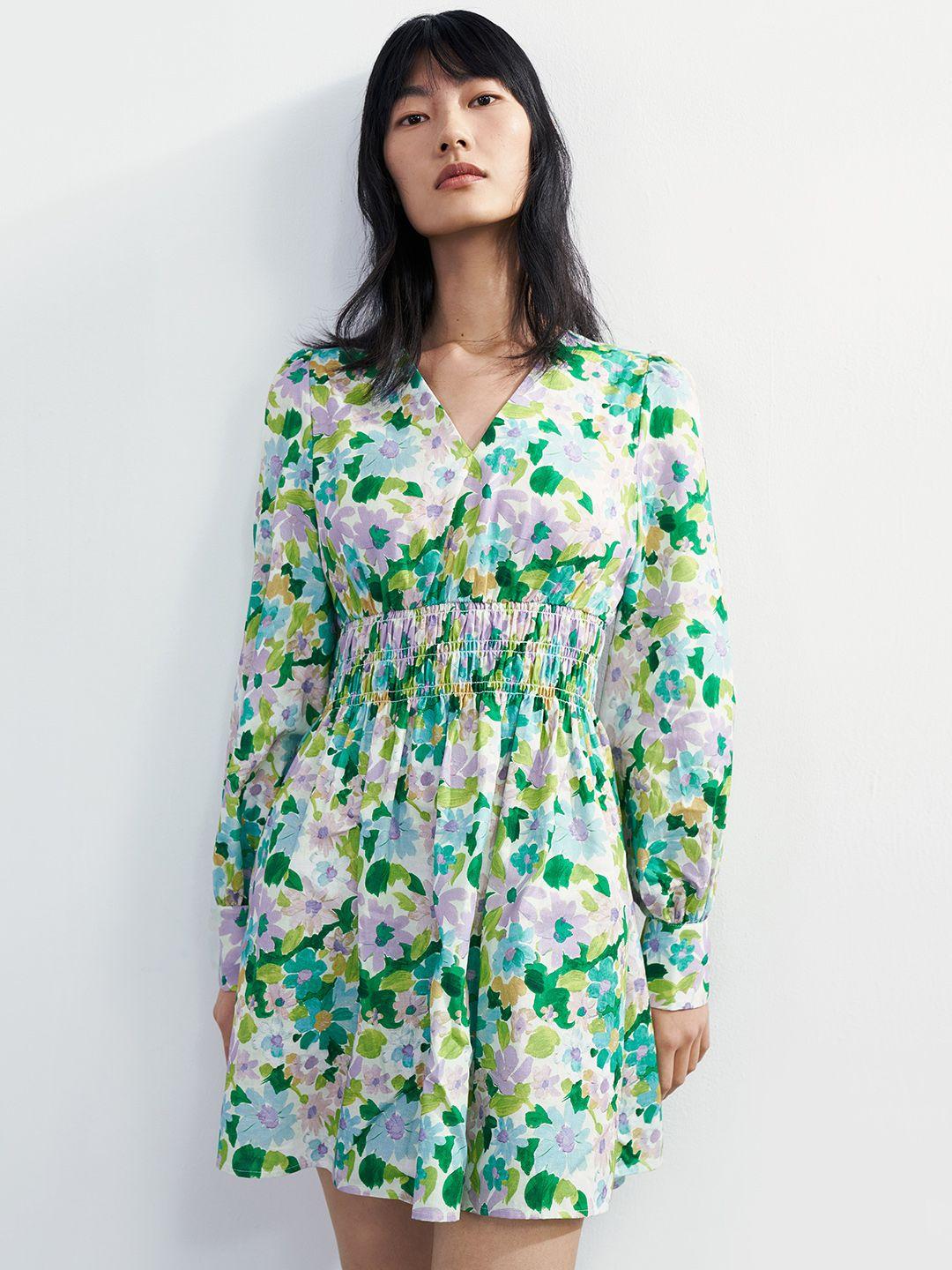 urban revivo pure cotton floral print puff sleeves fit & flare dress