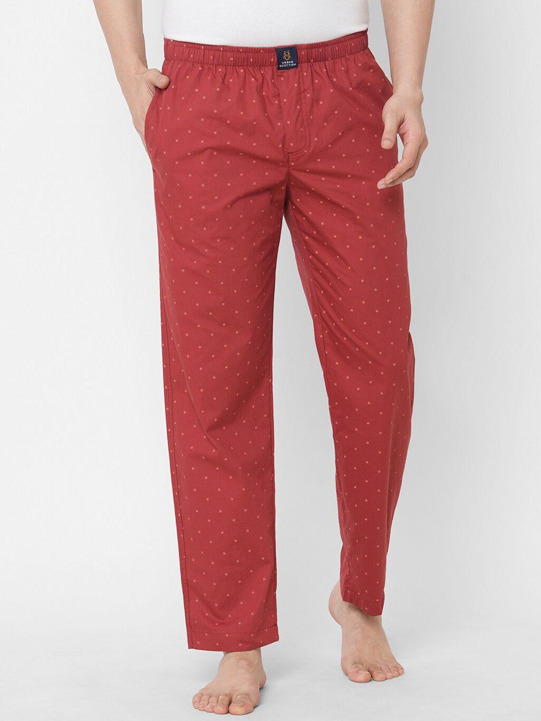 urban scottish men maroon printed pure cotton lounge pants