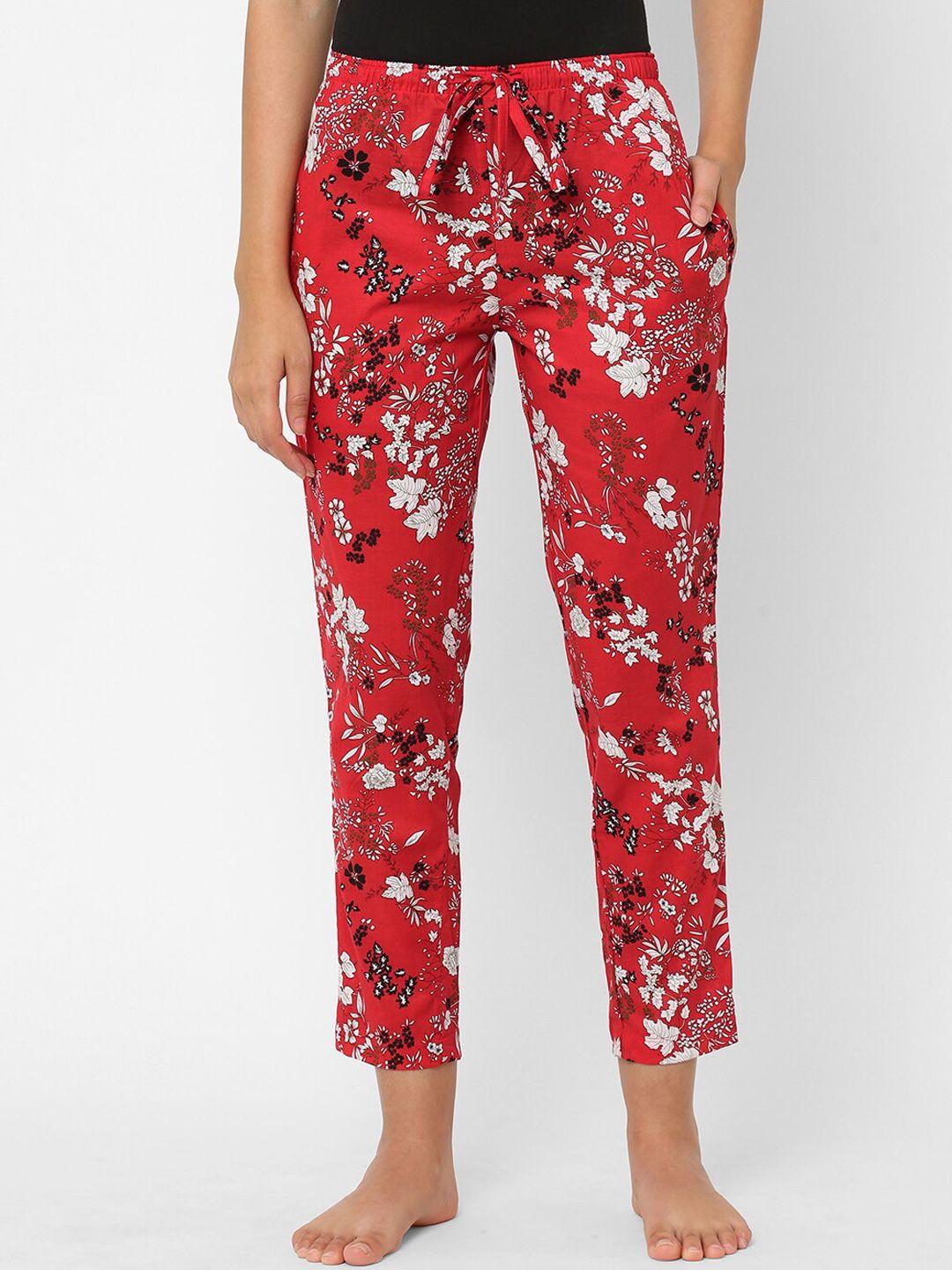 urban scottish women red floral printed pure cotton lounge pants
