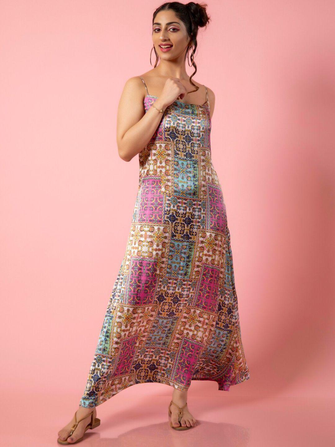 urban sundari multicoloured print satin fit & flare maxi dress