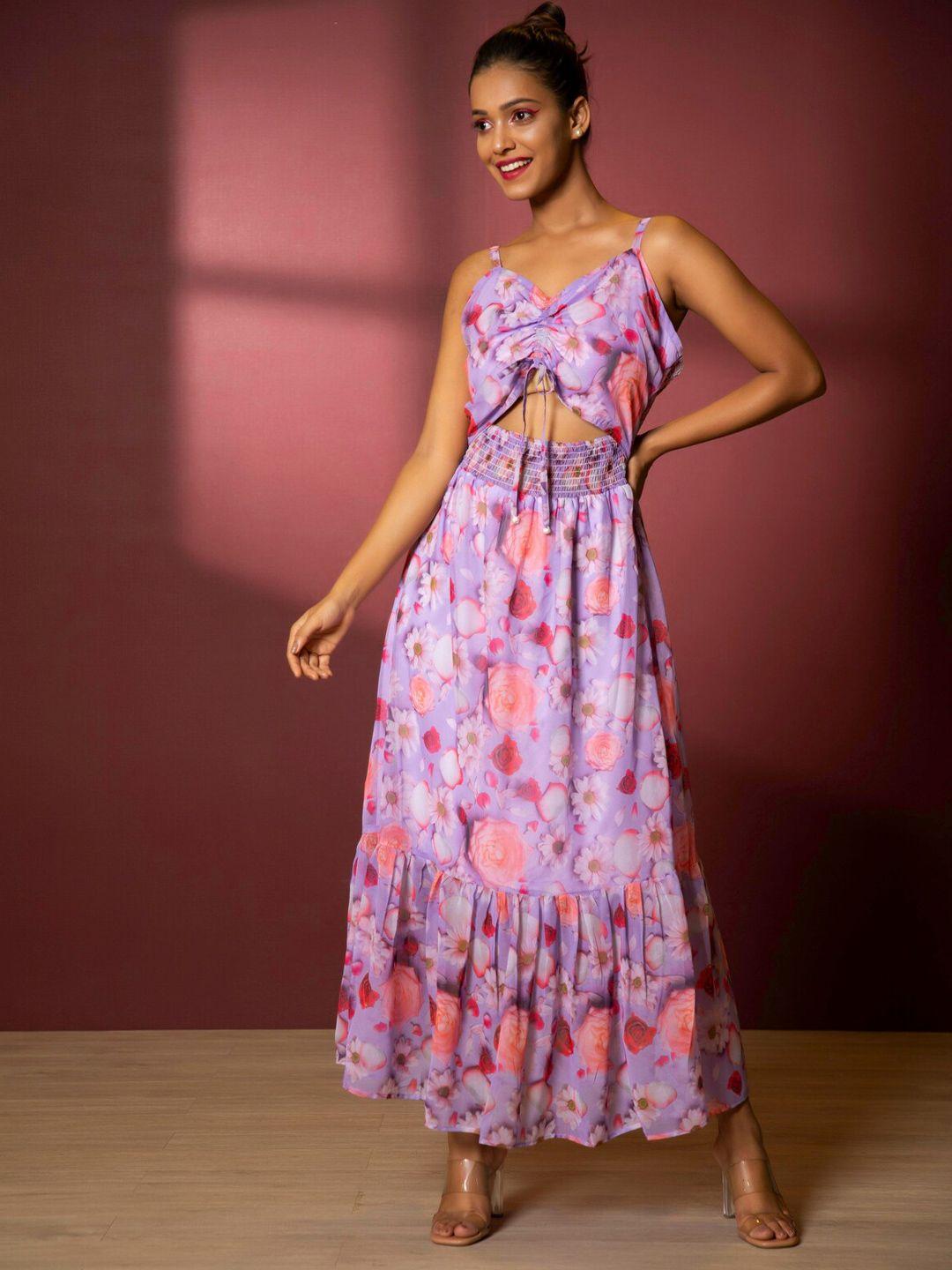 urban sundari purple print georgette fit & flare maxi dress