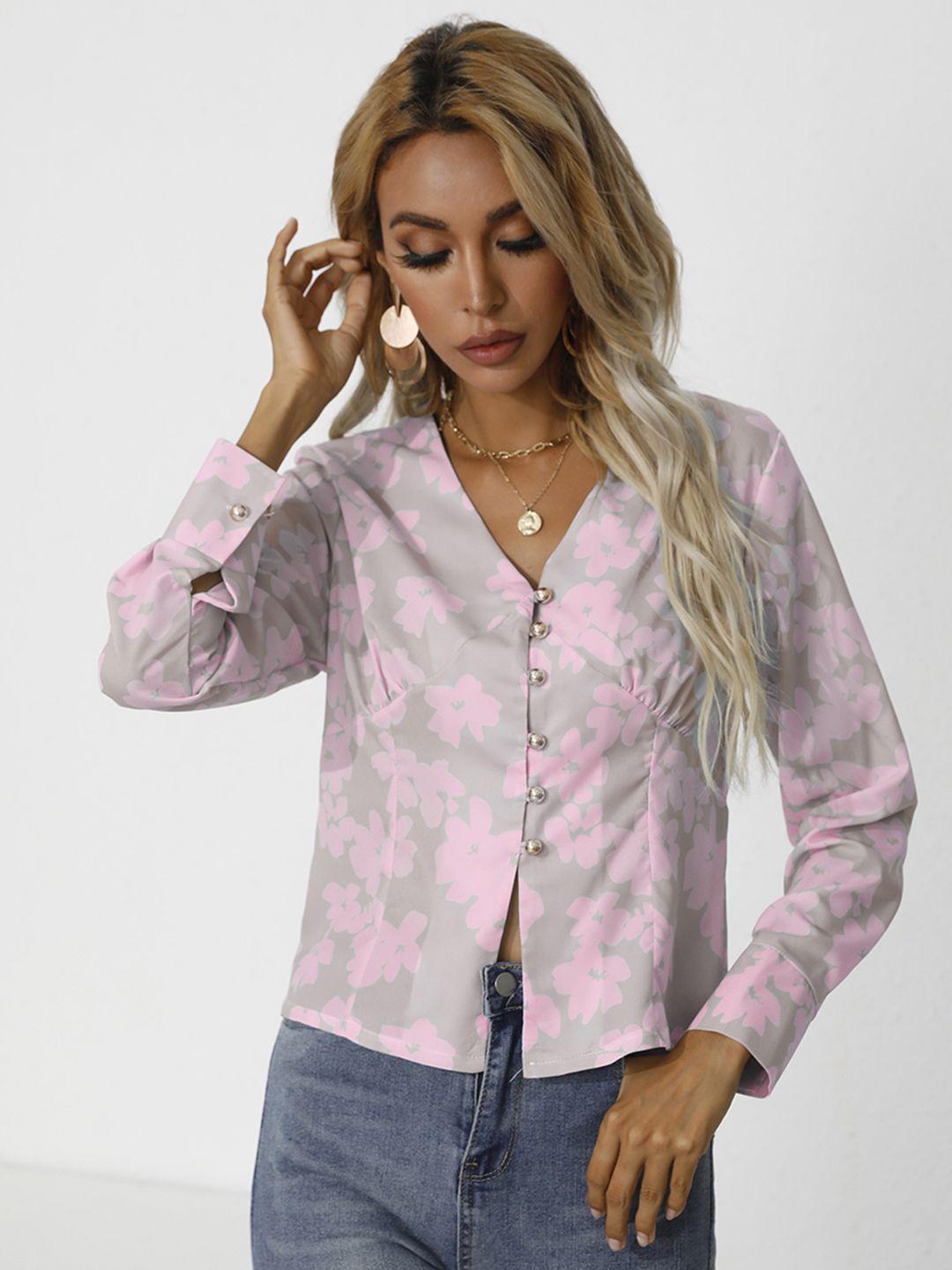 urbanic pink & beige floral print shirt style top