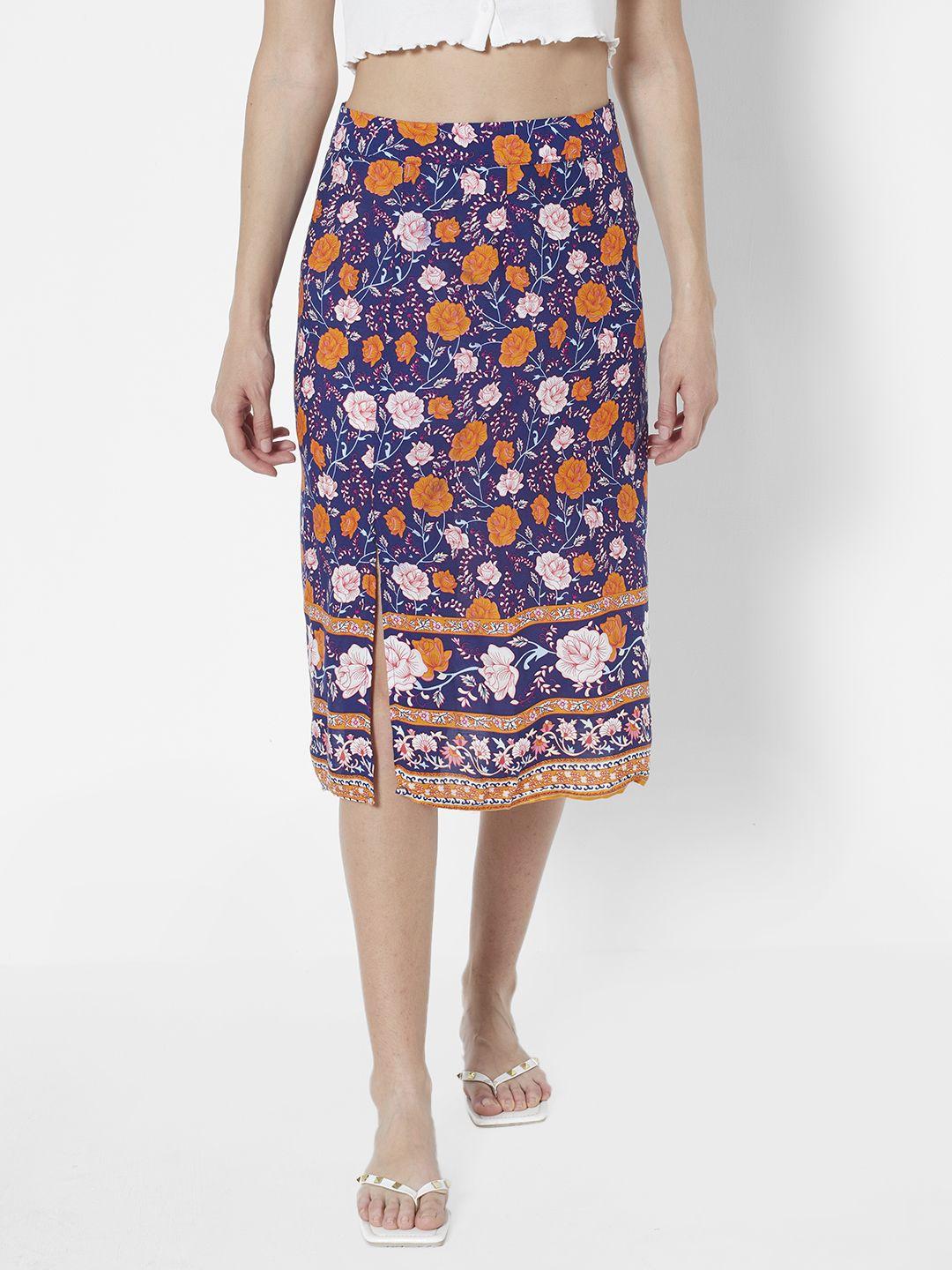 urbanic women blue & orange floral printed straight skirt
