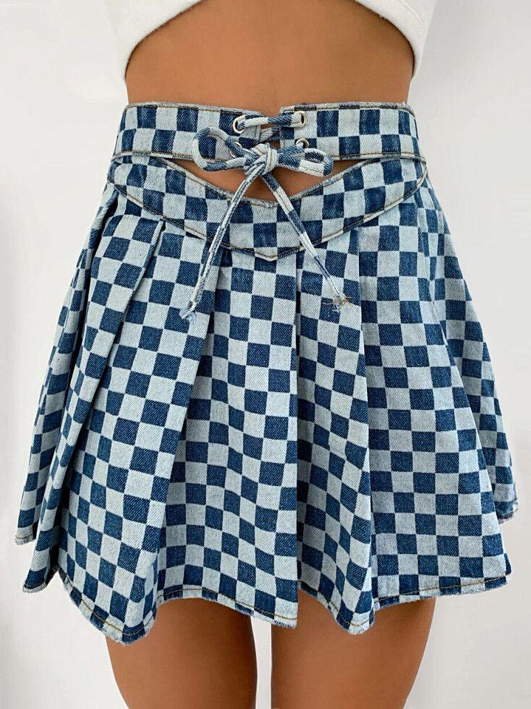 urbanic women blue checked denim mini flared skirt with pleats