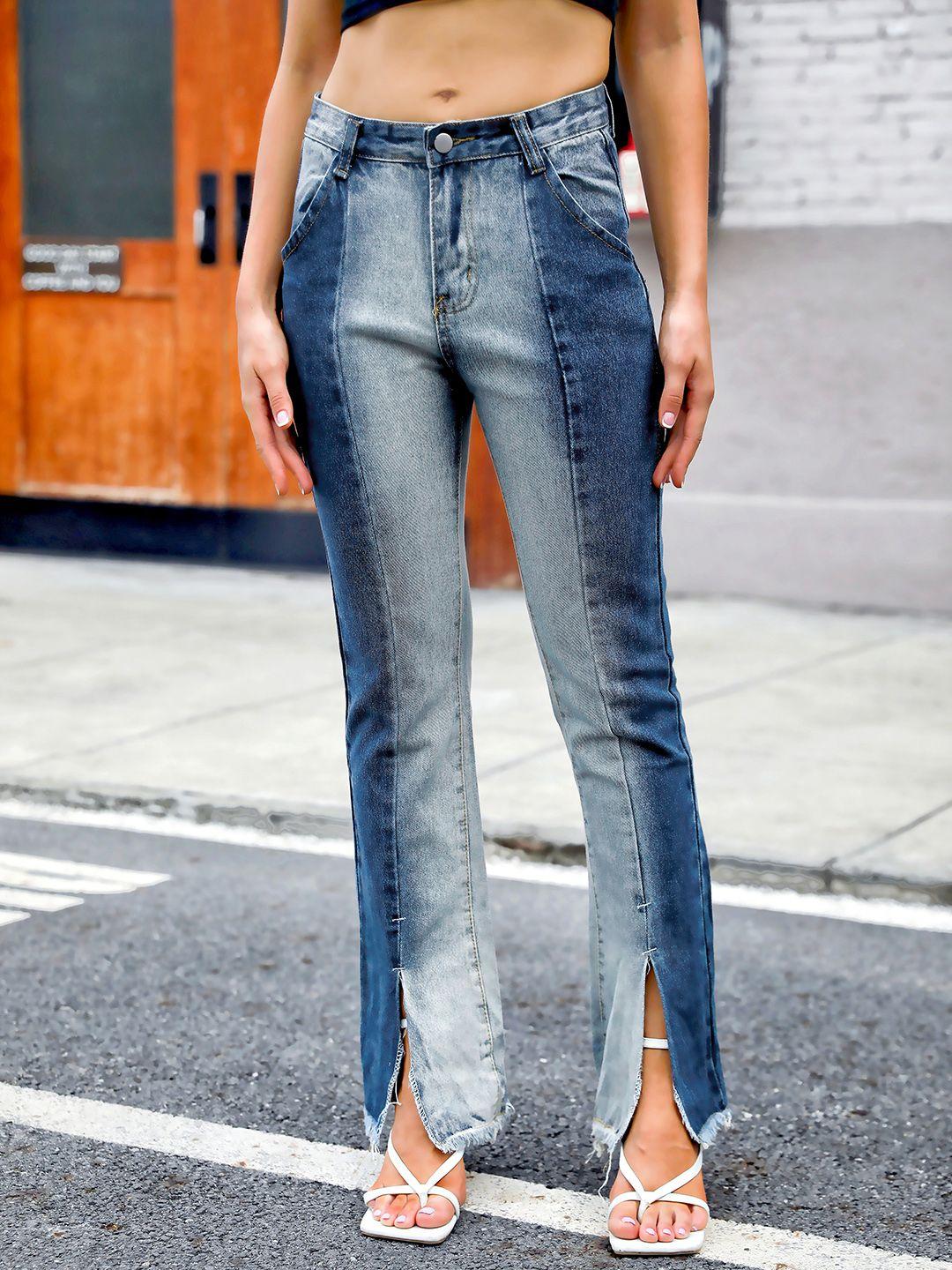 urbanic women blue straight fit colourblocked stretchable jeans