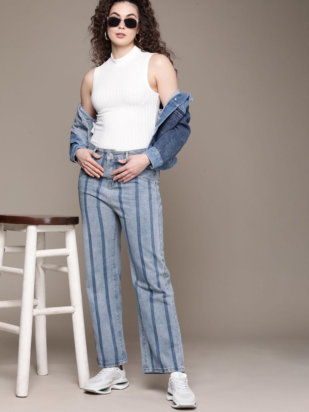 urbanic women blue striped cotton wide leg jeans