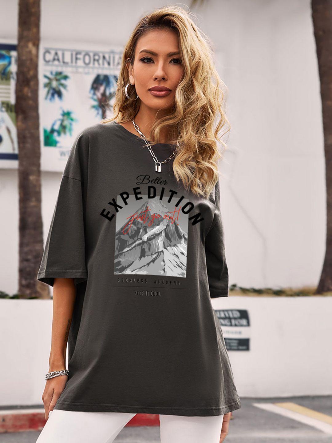 urbanic women charcoal grey printed drop-shoulder sleeves relaxed fit t-shirt