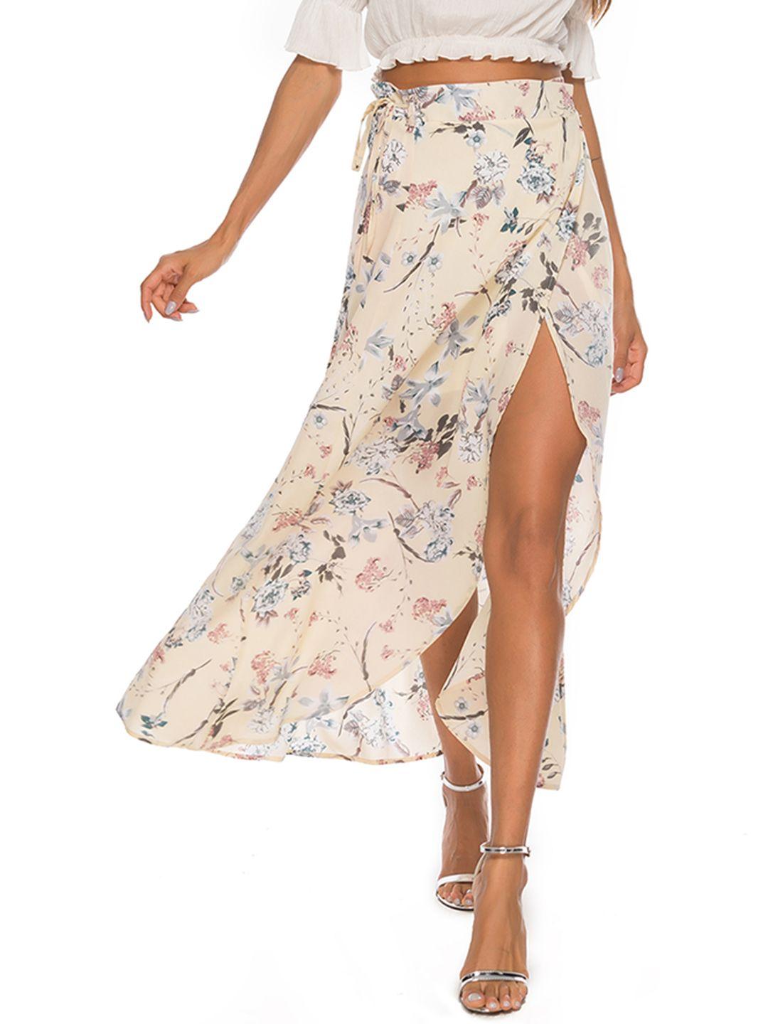 urbanic women light beige & grey floral print front slit maxi wrap skirt