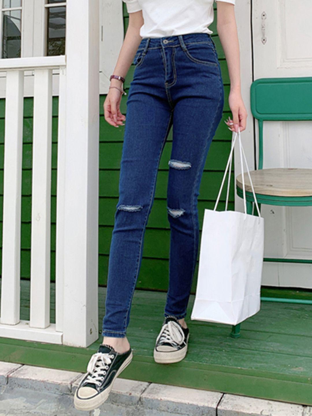 urbanic women navy blue cotton skinny fit slash knee stretchable jeans