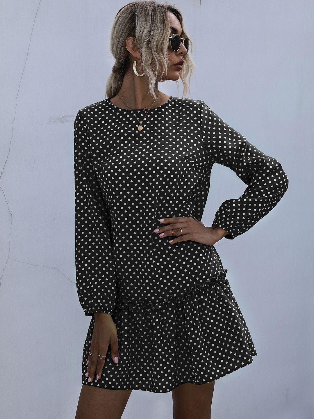 urbanic black & white polka dot printa-line dress with ruffles
