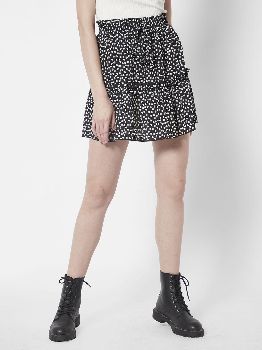 urbanic black & white printed ruffle detail flared mini skirt