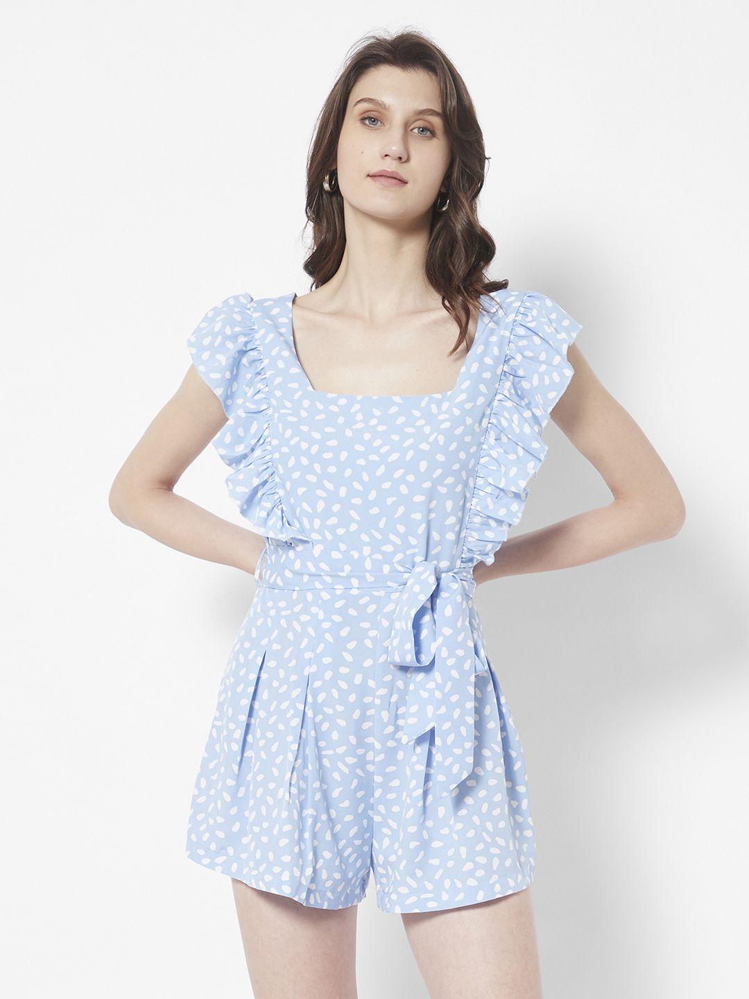 urbanic blue & white abstract printed with ruffles playsuit comes with a belt