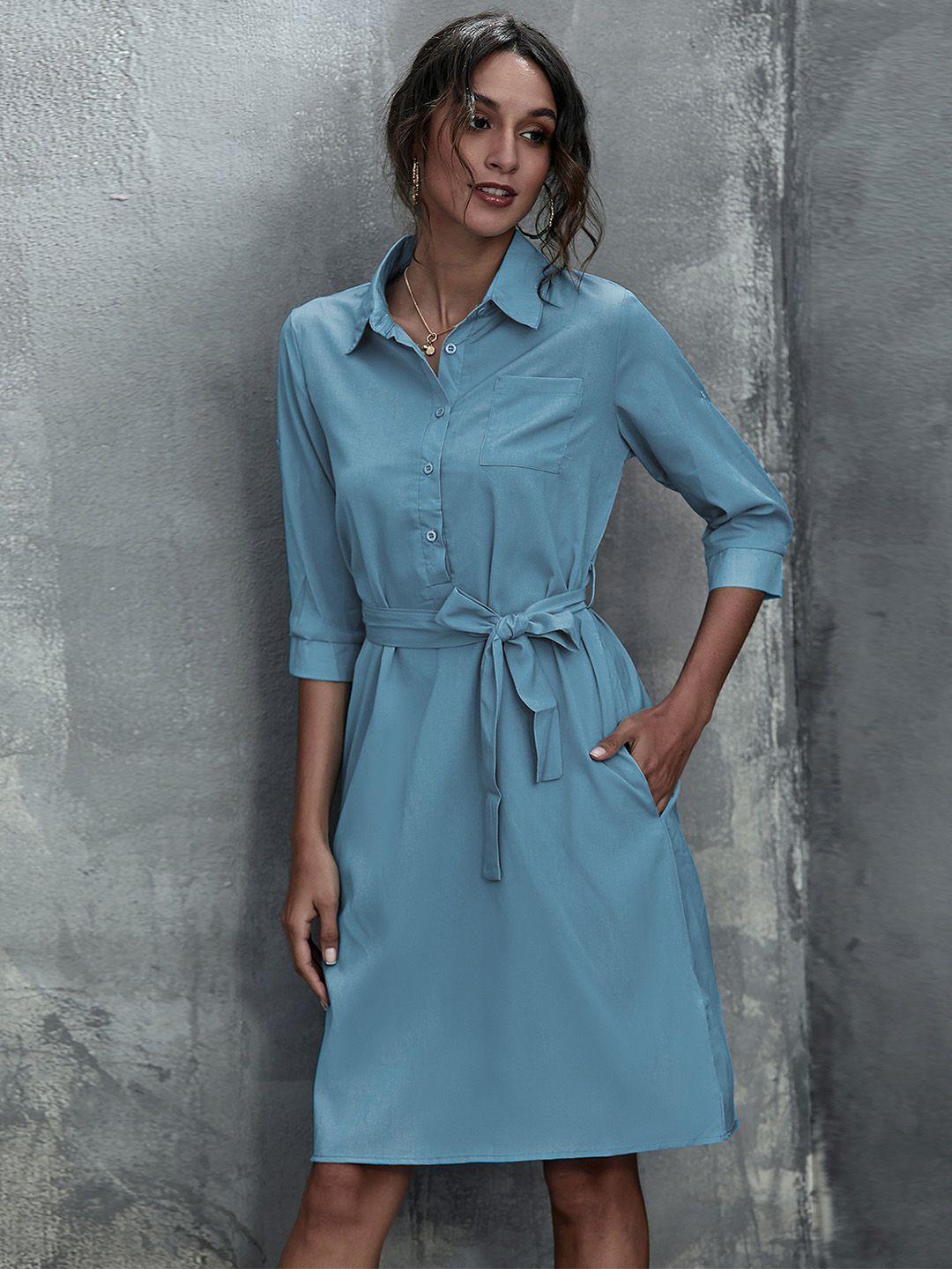 urbanic blue solid shirt dress with belt