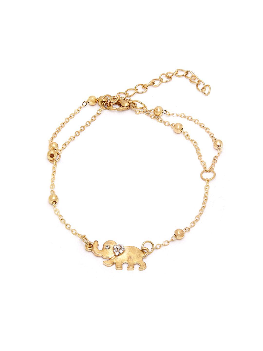 urbanic gold-toned lined chain anklet with stone studded elephant charm