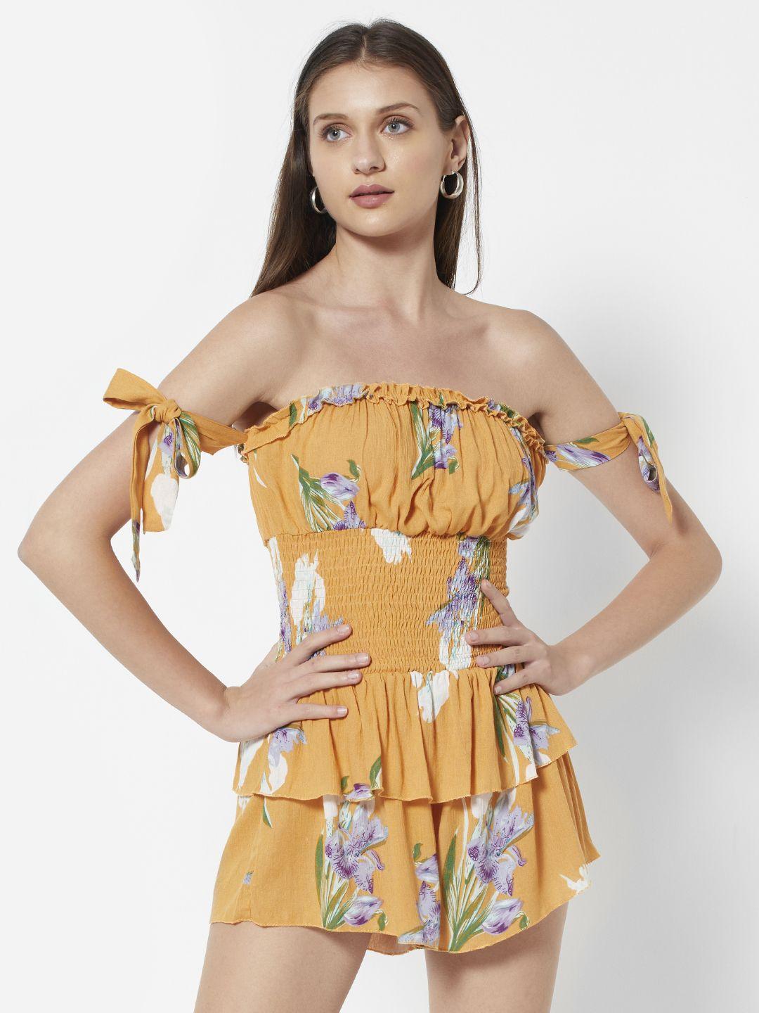 urbanic mustard yellow & green off-shoulder printed jumpsuit