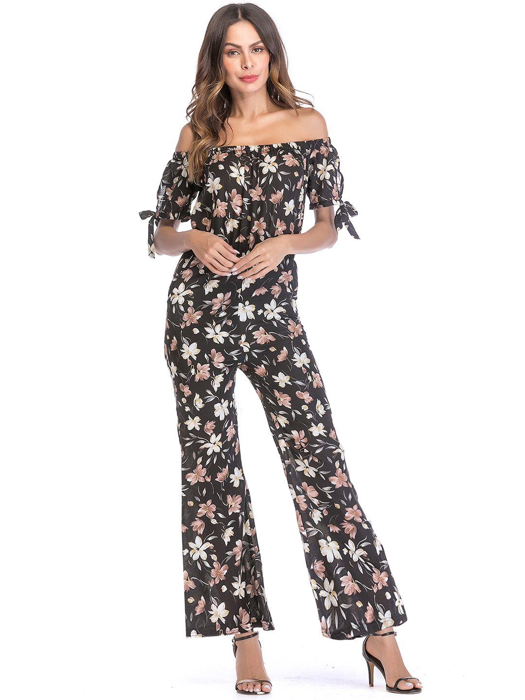 urbanic navy blue & brown off-shoulder printed basic jumpsuit