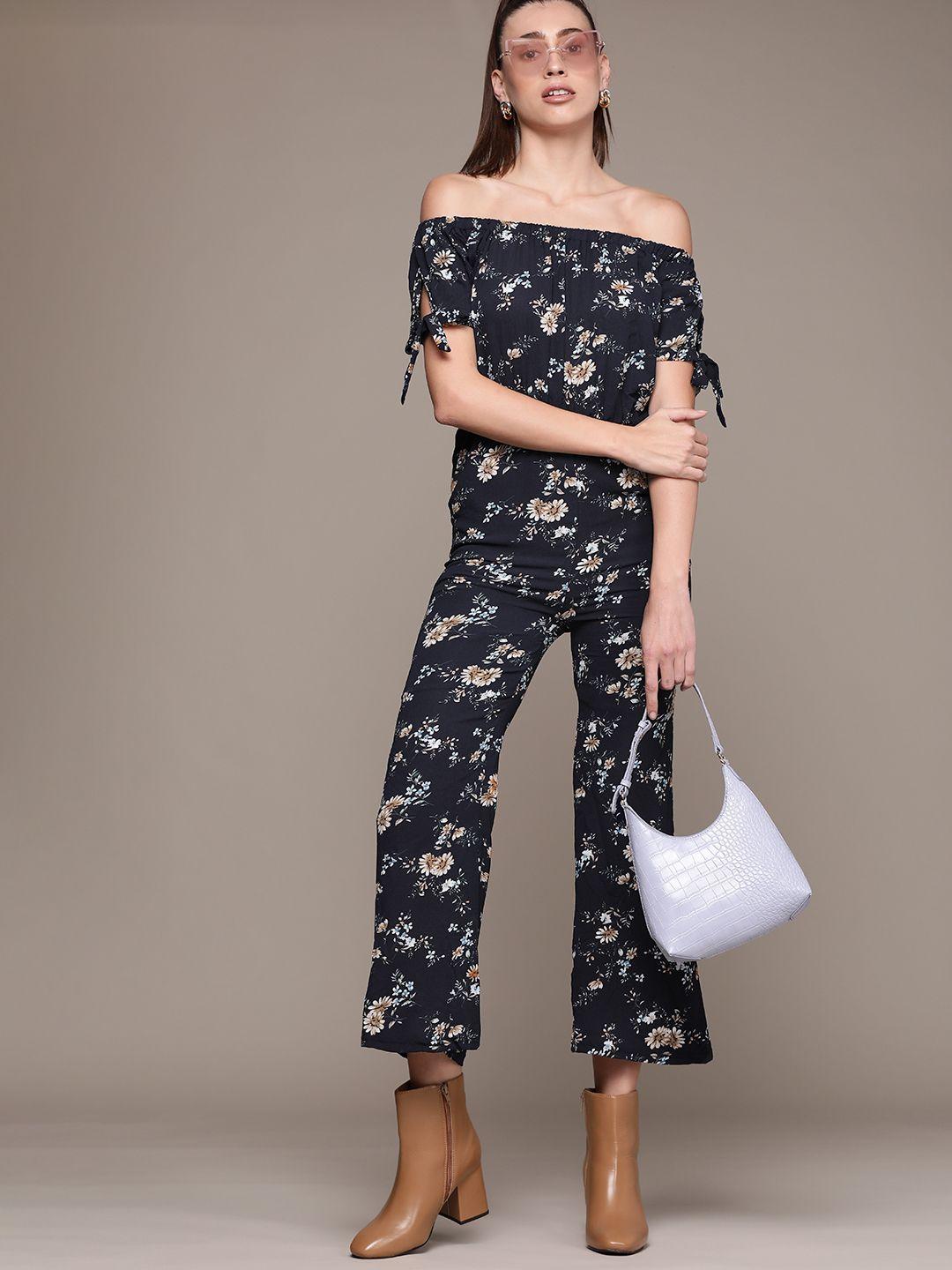 urbanic navy blue & green off-shoulder floral printed basic jumpsuit