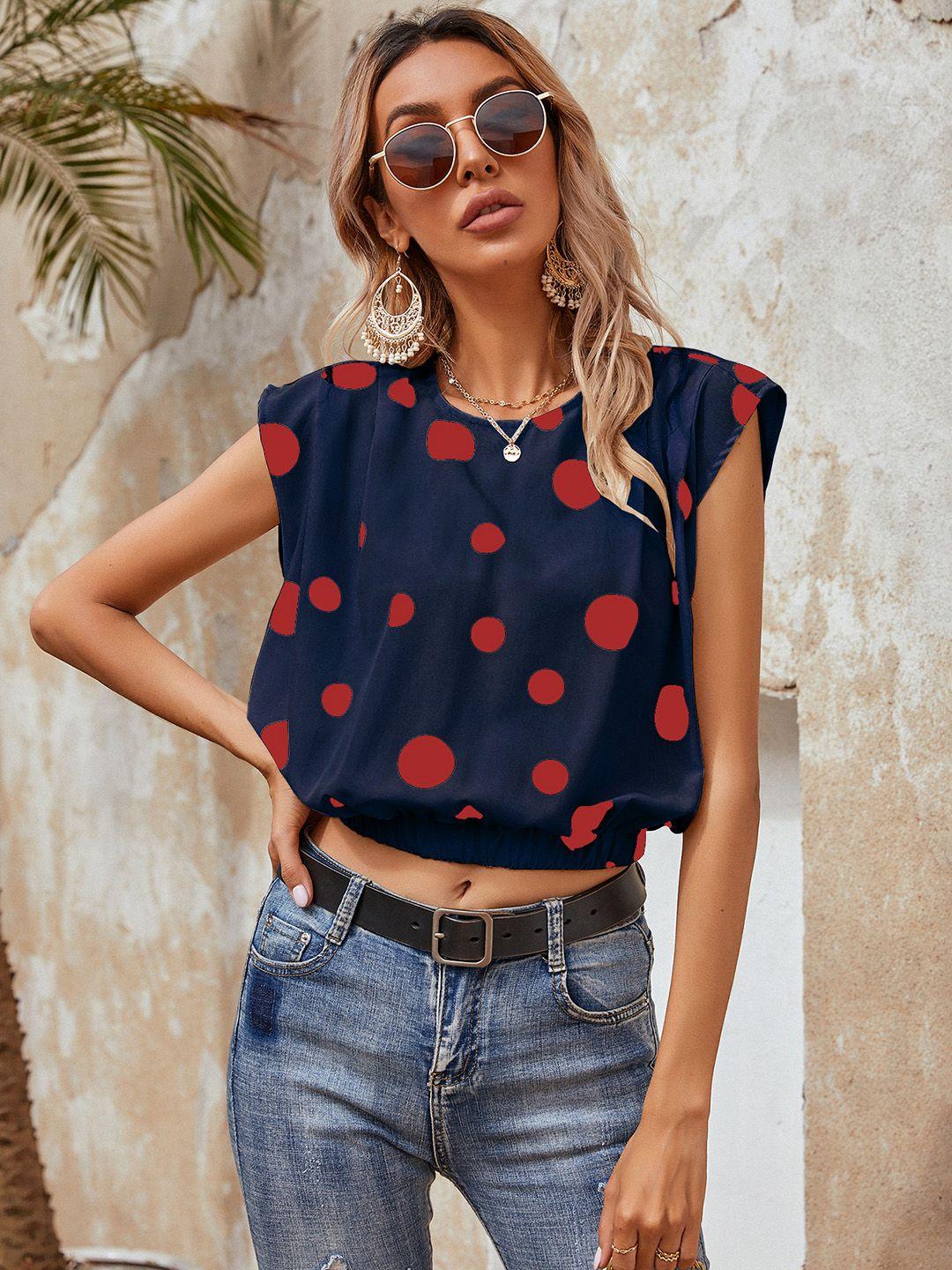 urbanic navy blue & red print extended sleeves blouson crop top